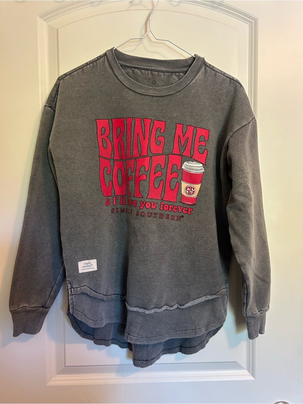 Simply Southern Gray Crewneck with Red "Bring Me Coffee" Graphic